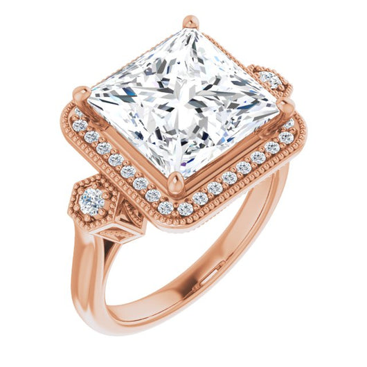 10K Rose Gold Customizable Cathedral Princess/Square Cut Design with Halo and Delicate Milgrain