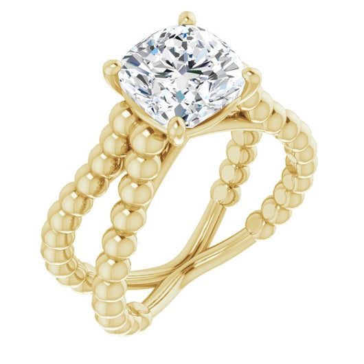 10K Yellow Gold Customizable Cushion Cut Solitaire with Wide Beaded Split-Band