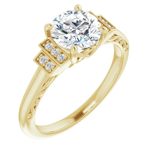 10K Yellow Gold Customizable Engraved Design with Round Cut Center and Perpendicular Band Accents