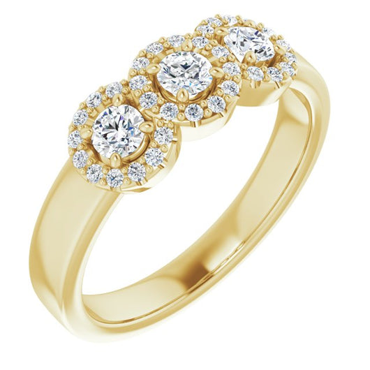 10K Yellow Gold Customizable Round Cut Triple Halo 3-stone Design