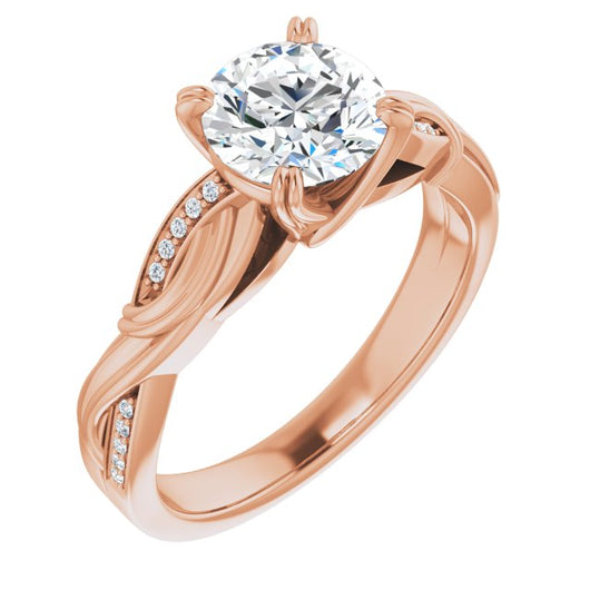 10K Rose Gold Customizable Cathedral-raised Round Cut Design featuring Rope-Braided Half-Pavé Band