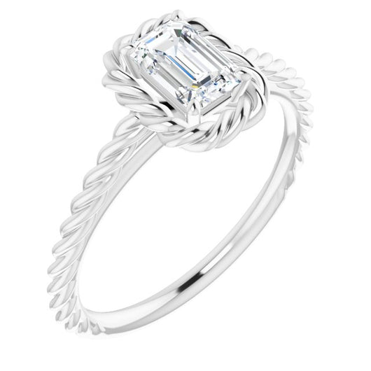 10K White Gold Customizable Cathedral-set Emerald/Radiant Cut Solitaire with Thin Rope-Twist Band