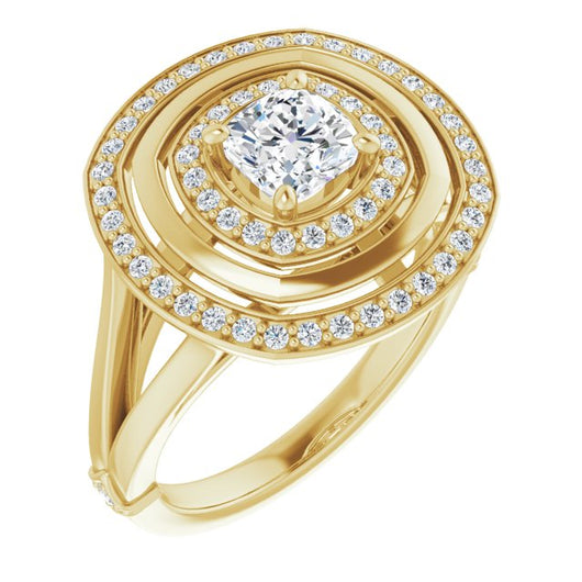 10K Yellow Gold Customizable Cushion Cut Oversized 2x Halo Style with Knuckle Accented Split Band