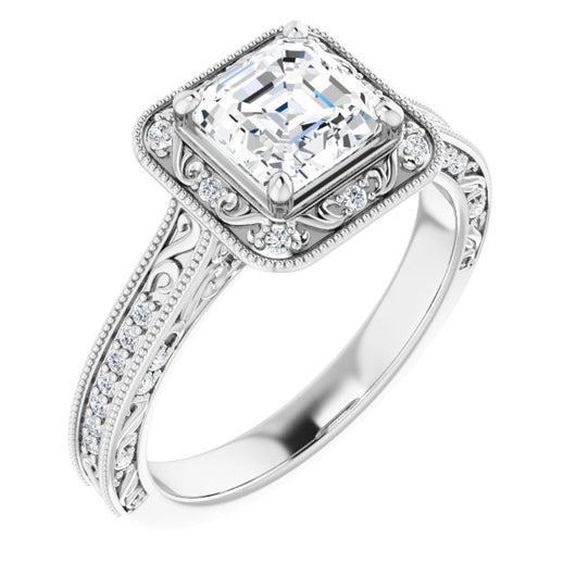 10K White Gold Customizable Vintage Artisan Asscher Cut Design with 3-Sided Filigree and Side Inlay Accent Enhancements