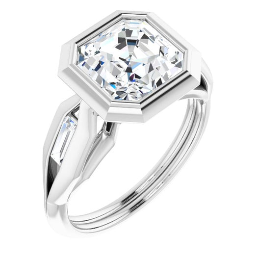 10K White Gold Customizable Bezel-set Asscher Cut Design with Wide Split Band & Tension-Channel Baguette Accents