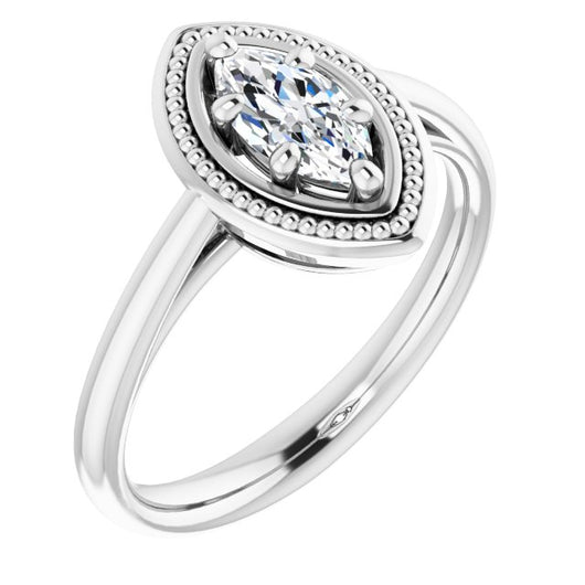 10K White Gold Customizable Marquise Cut Solitaire with Metallic Drops Halo Lookalike