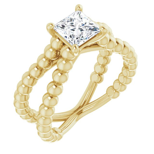 10K Yellow Gold Customizable Princess/Square Cut Solitaire with Wide Beaded Split-Band