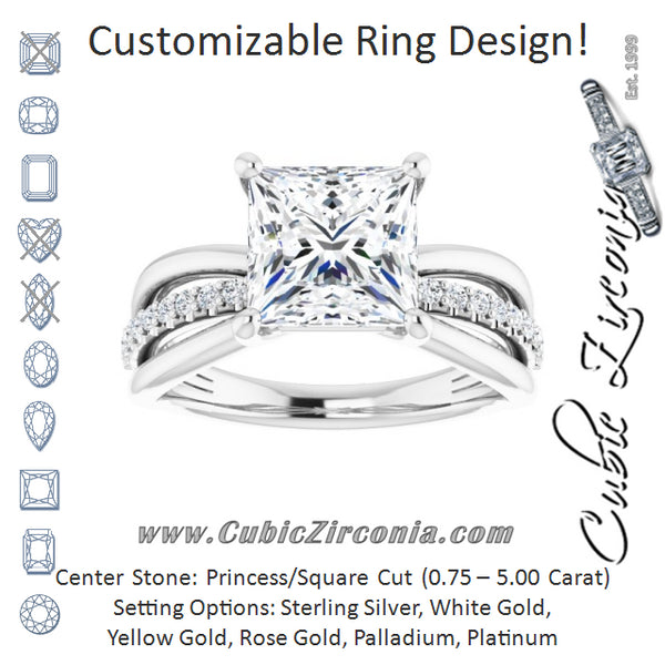 Cubic Zirconia Engagement Ring- The Rissa (Customizable Princess/Square Cut Design with Tri-Split Accented Band)