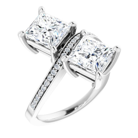 10K White Gold Customizable 2-stone Princess/Square Cut Bypass Design with Thin Twisting Shared Prong Band