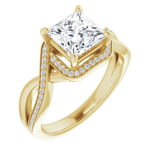 10K Yellow Gold Customizable Bypass-Halo-Accented Princess/Square Cut Center with Twisting Split Shared Prong Band