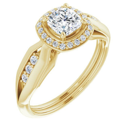 10K Yellow Gold Customizable Cathedral-raised Cushion Cut Design with Halo and Tri-Cluster Band Accents