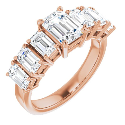 10K Rose Gold Customizable 7-stone Emerald/Radiant Cut Design with Large Round-Prong Side Stones