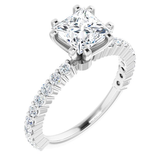 10K White Gold Customizable 8-prong Princess/Square Cut Design with Thin, Stackable Pav? Band