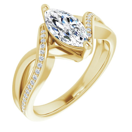 10K Yellow Gold Customizable Marquise Cut Center with Curving Split-Band featuring One Shared Prong Leg