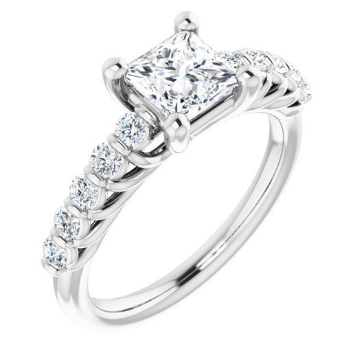 10K White Gold Customizable Princess/Square Cut Style with Round Bar-set Accents