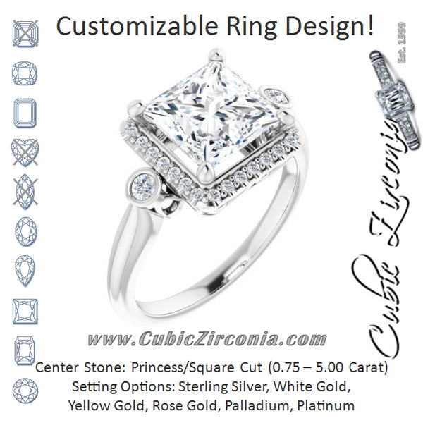Cubic Zirconia Engagement Ring- The Adoración (Customizable Princess/Square Cut Style with Halo and Twin Round Bezel Accents)
