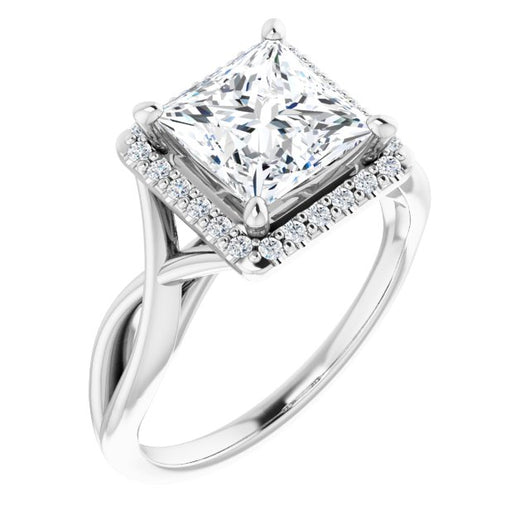 10K White Gold Customizable Cathedral-Halo Princess/Square Cut Design with Twisting Split Band