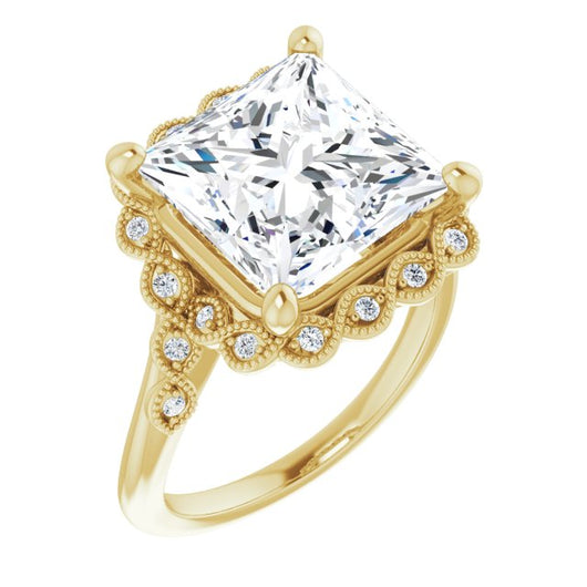 10K Yellow Gold Customizable 3-stone Design with Princess/Square Cut Center and Halo Enhancement