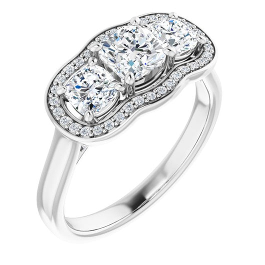 10K White Gold Customizable 3-stone Design with Cushion Cut Center, Cushion Side Stones, Triple Halo and Bridge Under-halo