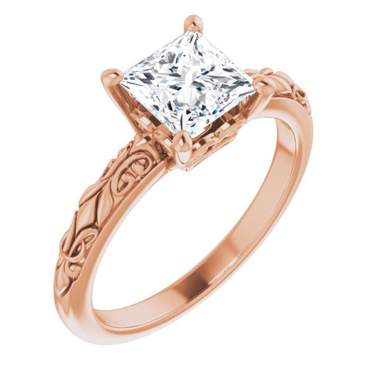 10K Rose Gold Customizable Princess/Square Cut Solitaire featuring Delicate Metal Scrollwork