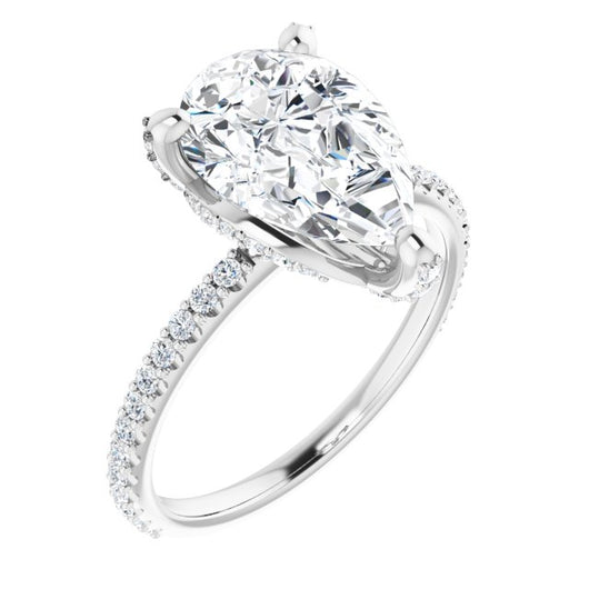 10K White Gold Customizable Pear Cut Design with Round-Accented Band, Micropav? Under-Halo and Decorative Prong Accents)