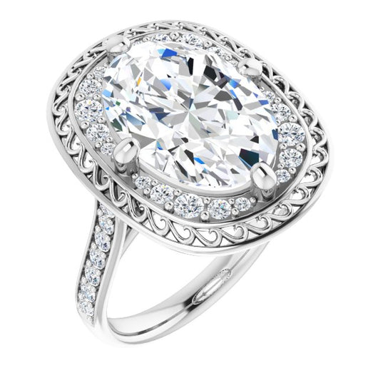 10K White Gold Customizable Cathedral-style Oval Cut featuring Cluster Accented Filigree Setting & Shared Prong Band