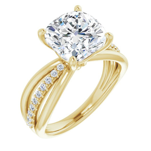 10K Yellow Gold Customizable Cushion Cut Design with Tri-Split Accented Band