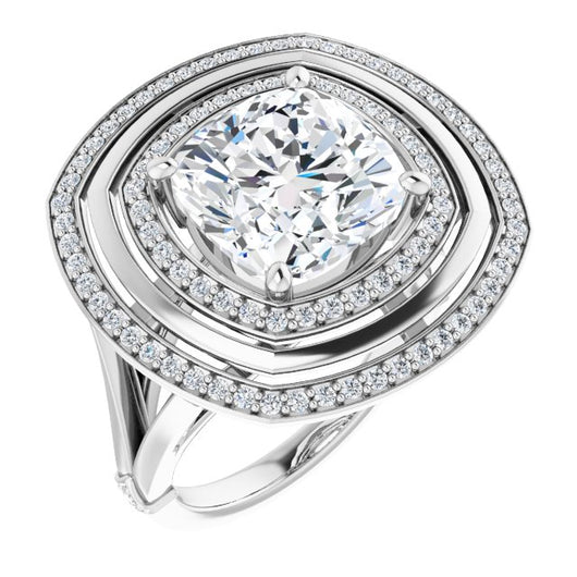 10K White Gold Customizable Cushion Cut Oversized 2x Halo Style with Knuckle Accented Split Band