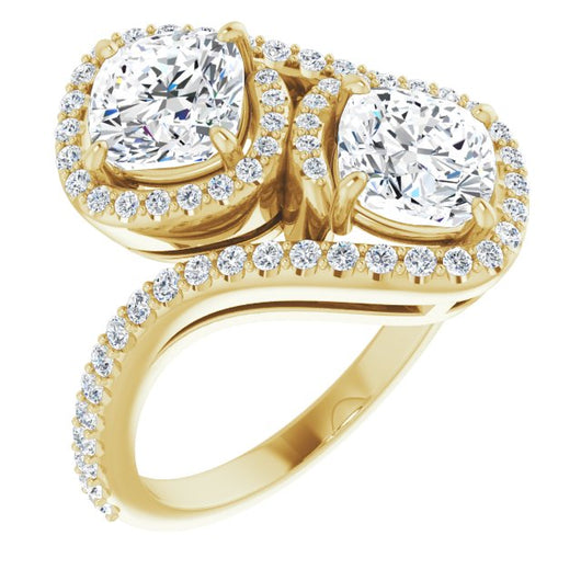 10K Yellow Gold Customizable Double Cushion Cut 2-Stone Style Enhanced with Accented Artisan Bypass Band