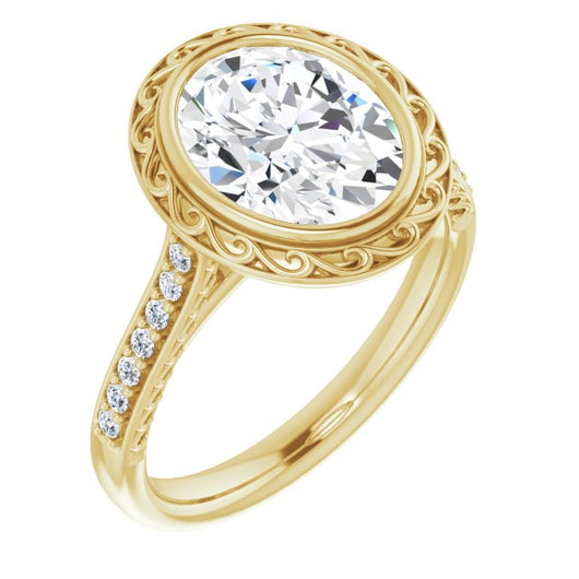 10K Yellow Gold Customizable Cathedral-Bezel Oval Cut Design featuring Accented Band with Filigree Inlay