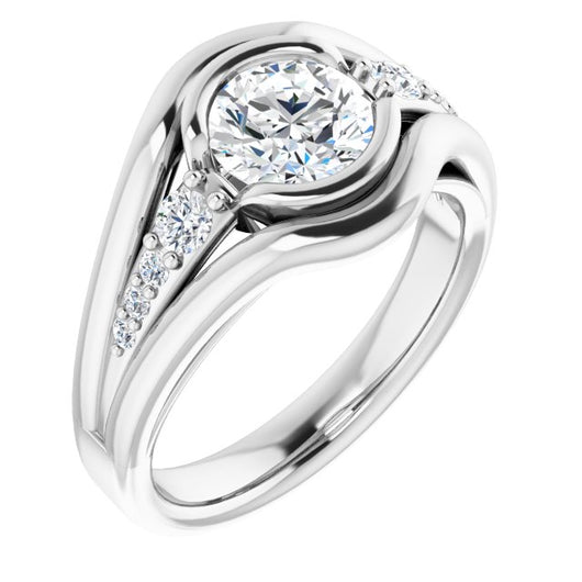 10K White Gold Customizable 9-stone Round Cut Design with Bezel Center, Wide Band and Round Prong Side Stones