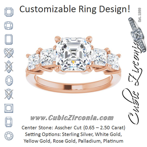 Cubic Zirconia Engagement Ring- The Abril (Customizable 5-stone Asscher Cut Style with Quad Princess-Cut Accents)