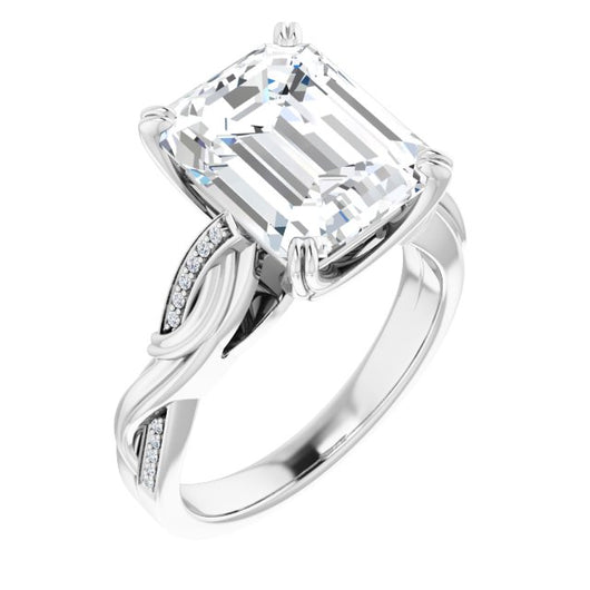 10K White Gold Customizable Cathedral-raised Emerald/Radiant Cut Design featuring Rope-Braided Half-Pavé Band