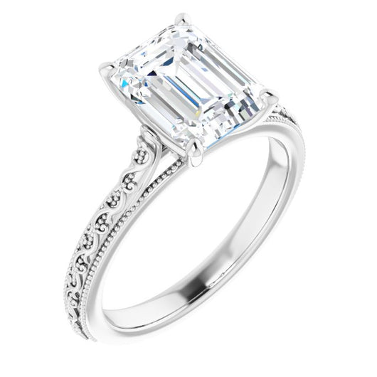 10K White Gold Customizable Emerald/Radiant Cut Solitaire with Delicate Milgrain Filigree Band