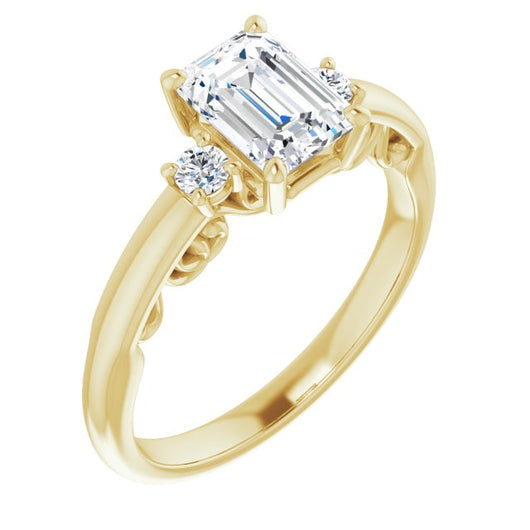 10K Yellow Gold Customizable Emerald/Radiant Cut 3-stone Style featuring Heart-Motif Band Enhancement