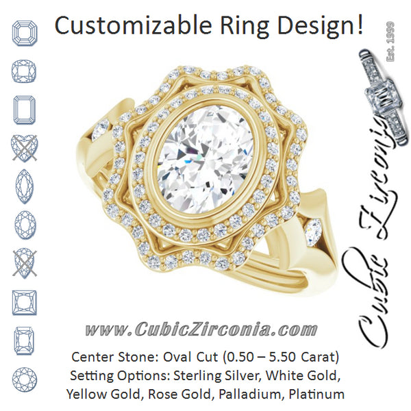 Cubic Zirconia Engagement Ring- The Cyra (Customizable Cathedral-bezel Oval Cut Design with Floral Double Halo and Channel-Accented Split Band)