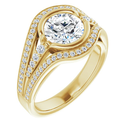 10K Yellow Gold Customizable Cathedral-Bezel Round Cut Design with Wide Triple-Split-Pavé Band