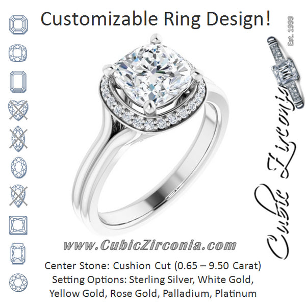 Cubic Zirconia Engagement Ring- The Ivory (Customizable Cathedral-set Cushion Cut Design with Split-band & Halo Accents)