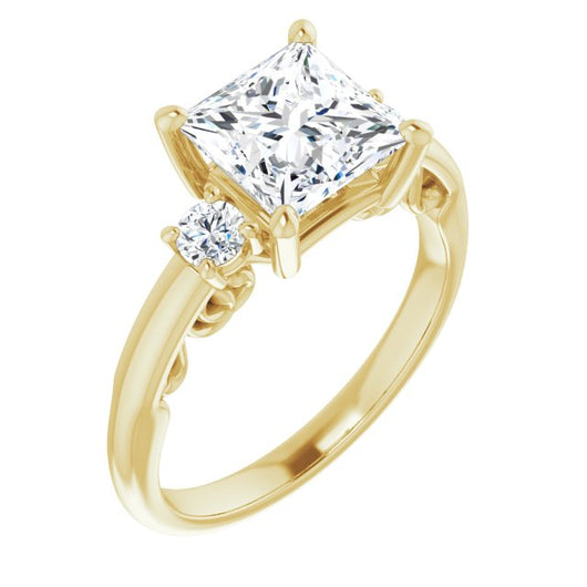 10K Yellow Gold Customizable Princess/Square Cut 3-stone Style featuring Heart-Motif Band Enhancement