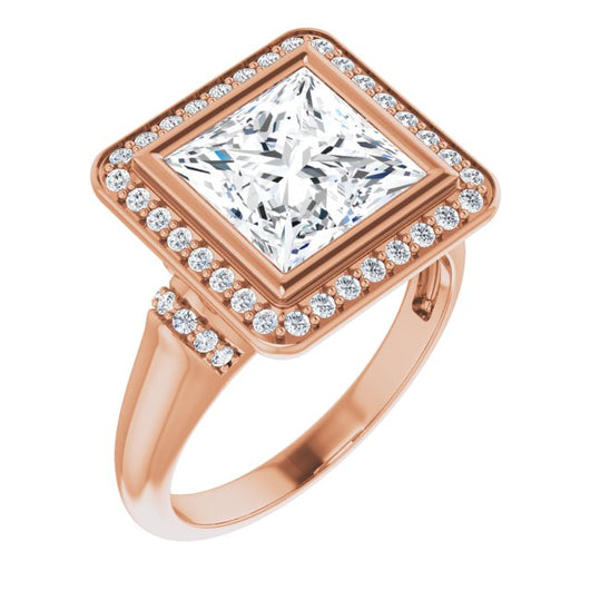 10K Rose Gold Customizable Bezel-set Princess/Square Cut Design with Halo and Vertical Round Channel Accents