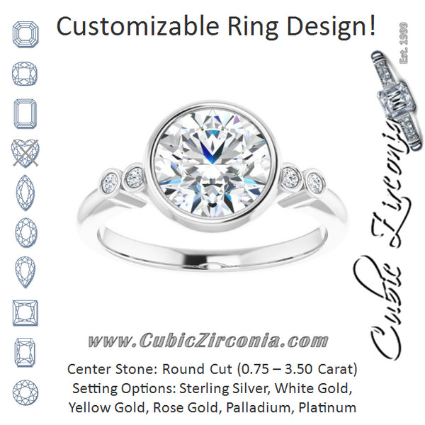 Cubic Zirconia Engagement Ring- The Mandira (Customizable 5-stone Bezel-set Round Cut Design with Quad Round-Bezel Side Stones)