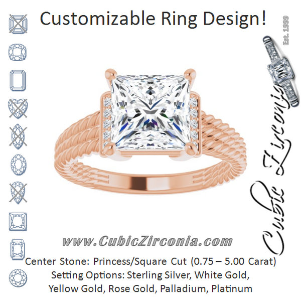 Cubic Zirconia Engagement Ring- The Junio (Customizable 11-stone Design featuring Princess/Square Cut Center, Vertical Round-Channel Accents & Wide Triple-Rope Band)