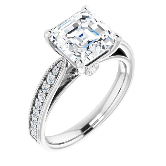 10K White Gold Customizable Asscher Cut Style featuring Milgrained Shared Prong Band & Dual Peekaboos