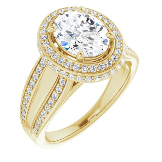 10K Yellow Gold Customizable Halo-style Oval Cut with Under-halo & Ultra-wide Band