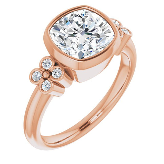 10K Rose Gold Customizable 9-stone Bezel-set Cushion Cut Design with Quad Round Bezel Side Stones Each Side