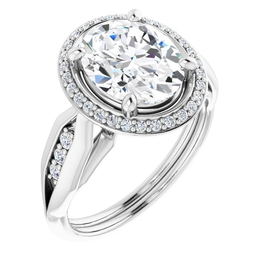 10K White Gold Customizable Cathedral-raised Oval Cut Design with Halo and Tri-Cluster Band Accents