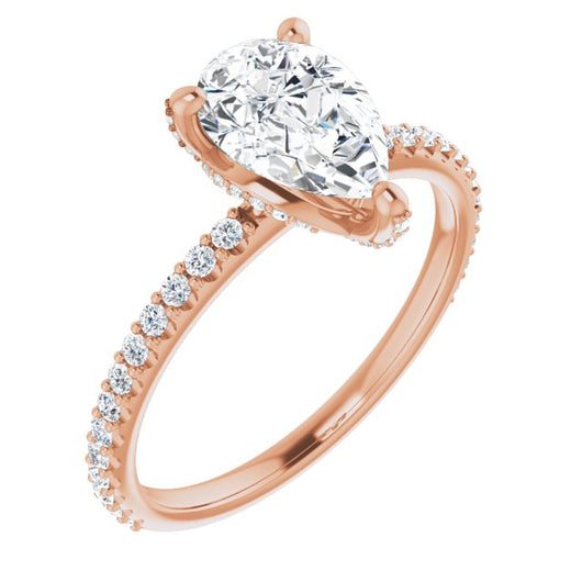 10K Rose Gold Customizable Pear Cut Design with Round-Accented Band, Micropav? Under-Halo and Decorative Prong Accents)