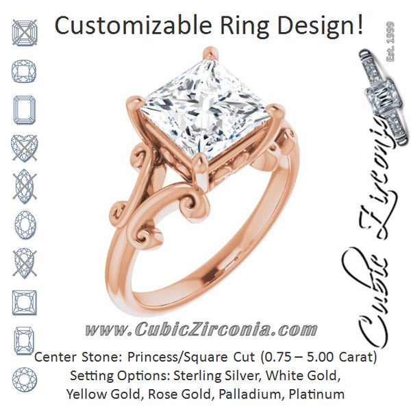 Cubic Zirconia Engagement Ring- The Paisley (Customizable Princess/Square Cut Solitaire with Band Flourish and Decorative Trellis)