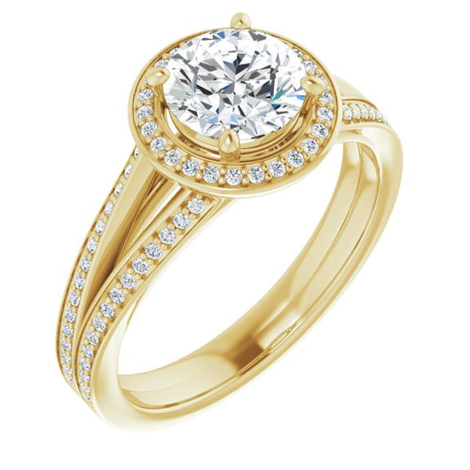 10K Yellow Gold Customizable Round Cut Design with Split-Band Shared Prong & Halo