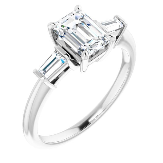 10K White Gold Customizable 3-stone Emerald/Radiant Cut Design with Dual Baguette Accents)